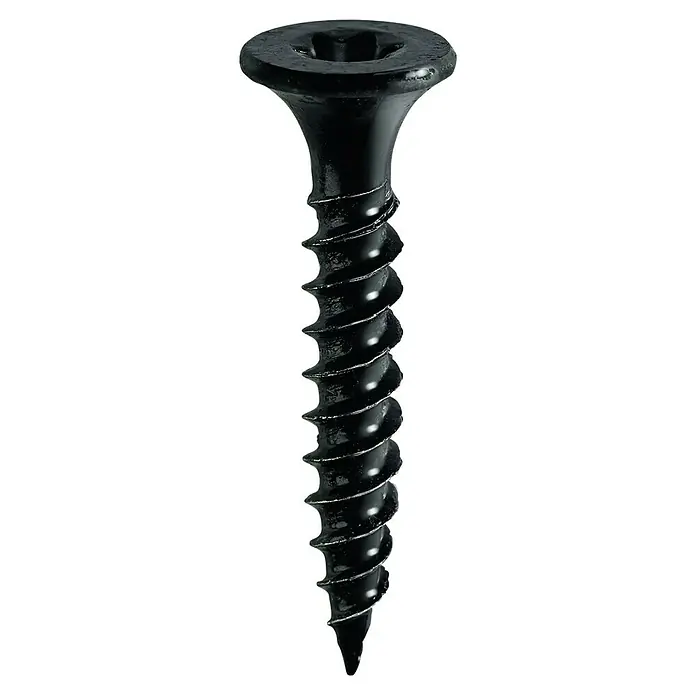Probau Schnellbauschraube SpeedSpin - Durchmesser: 3,9 mm, Länge: 25 mm, 1.000 Stk., Fein-Gewinde - Nahaufnahme einer schwarzen Trockenbauschraube mit scharfen Gewinden und einem Senkkopf, ideal für Bauprojekte.