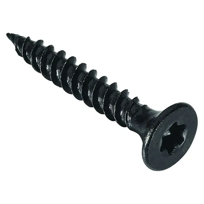 Probau Schnellbauschraube SpeedSpinDurchmesser: 3,9 mm, Länge: 25 mm, 1.000 Stk., Feingewinde - Nahaufnahme einer schwarzen Senkkopfschraube mit Torx-Antrieb, ideal für Holzbearbeitung und Bauprojekte.