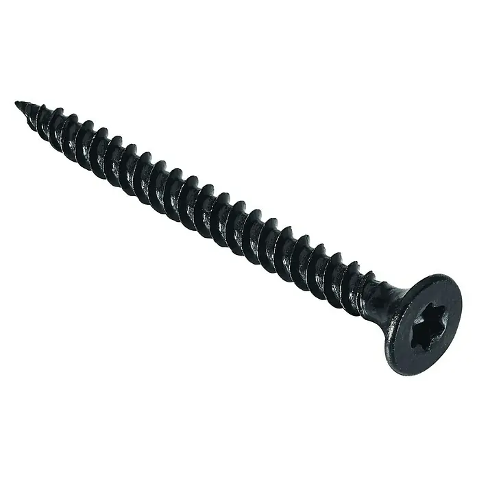 Probau Schnellbauschraube SpeedSpin - Durchmesser: 3,9 mm, Länge: 45 mm, 500 Stk., Fein-Gewinde - Nahaufnahme einer einzelnen schwarzen Torx-Holzschraube vor einem schwarzen Hintergrund.