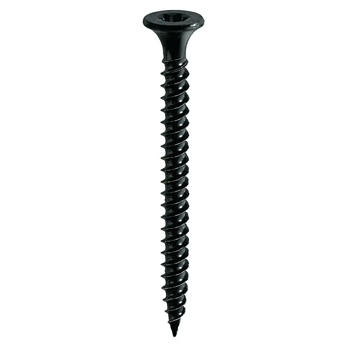 Probau Schnellbauschraube SpeedSpin - Durchmesser: 3,9 mm, Länge: 45 mm, 500 Stk., Fein-Gewinde - Nahaufnahme einer schwarzen Schnellbauschraube mit grobem Gewinde und Senkkopf auf schwarzem Hintergrund.