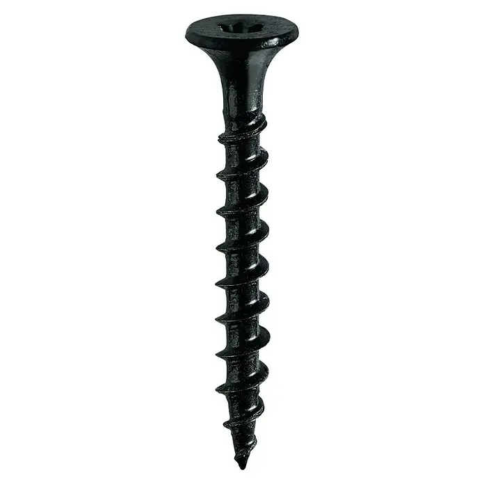 Probau Schnellbauschraube SpeedSpin - Durchmesser: 3,9 mm, Länge: 35 mm, 1.000 Stk., Grob-Gewinde - Nahaufnahme einer schwarzen Trockenbauschraube mit einem versenkten Kopf und einem scharfen Gewinde.