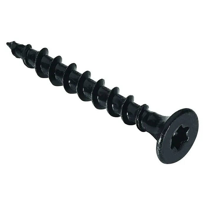Probau Schnellbauschraube SpeedSpin - Durchmesser: 3,9 mm, Länge: 35 mm, 1.000 Stk., Grob-Gewinde - Detailaufnahme einer einzelnen schwarzen Trockenbauschraube mit Torx-Antrieb und scharfer Spitze auf schwarzem Hintergrund.