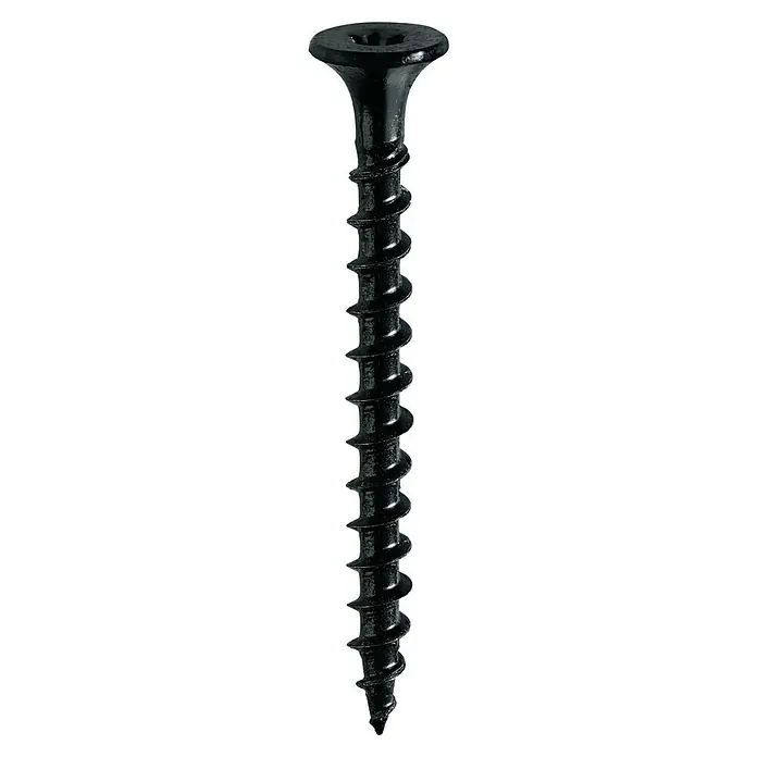 Probau Schnellbauschraube SpeedSpin - Durchmesser: 3,9 mm, Länge: 45 mm, 500 Stk., Grob-Gewinde - Nahaufnahme einer einzelnen, schwarzen Trockenbauschraube mit scharfen Gewindegängen und einem Senkkopf. Ideal für Bau- und Renovierungsprojekte.