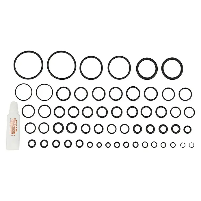 O-Ring-Sortiment - 58 Stk., Gummi, Ausstattung: Armaturenfett - Sortiment von O-Ringen verschiedener Größen, begleitet von einer kleinen Tube Silikonfett zur Wartung und Schmierung. Ideal für Dichtungsarbeiten.
