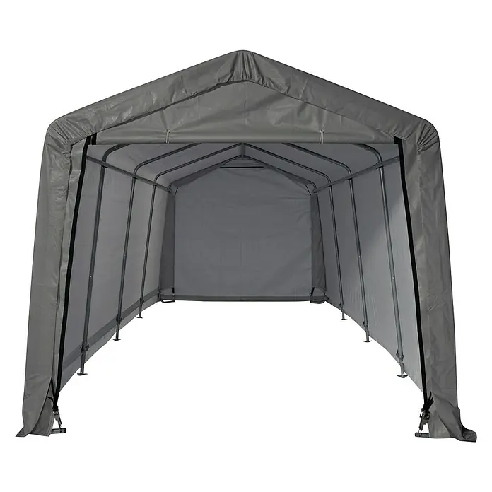 ShelterLogic Garage - 610 x 300 x 240 cm, Kunststoff - Eine graue, offene Lagerzelthalle mit Metallrahmen und Plane, ideal für Lagerung und Schutz im Freien.