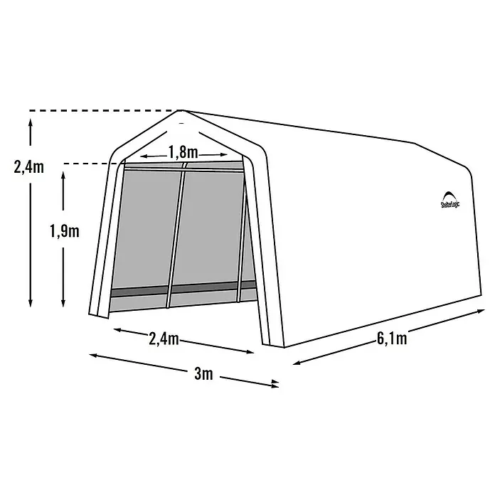 ShelterLogic Garage - 610 x 300 x 240 cm, Kunststoff - Abbildung eines ShelterLogic-Unterstandes mit Maßangaben. Ideal zum Schutz von Fahrzeugen und Geräten vor Witterungseinflüssen.