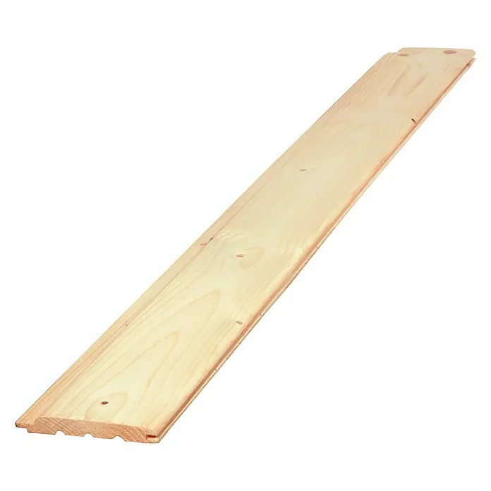 Friso machihembrado - 3.000 x 146 x 19 mm - Primer plano de una tabla de madera clara machihembrada, ideal para acabados interiores. Veta natural de la madera visible.