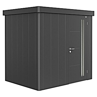 Biohort Neo Gerätehaus 1B (Außenbreite inkl. Dachüberstand: 236 cm, Außentiefe inkl. Dachüberstand: 180 cm, Stahl, Dunkelgrau Metallic, Einzeltür)
