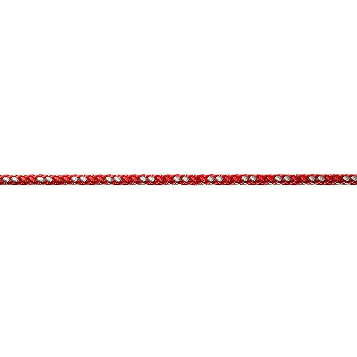 Robline Cuerda multiusos por metros 8-Plaited-Dinghy - Diámetro: 4 mm, Poliéster, Rojo/Plateado - Primer plano de una cuerda trenzada roja y blanca sobre un fondo negro. Ideal para escalada y vela.