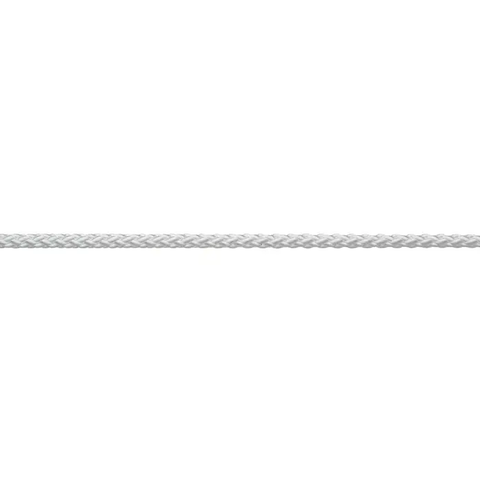 Robline Cuerda multiusos por metros - Diámetro: 4 mm, Poliéster, Blanco - Una imagen detallada de una cuerda blanca trenzada que se extiende horizontalmente sobre un fondo negro, transmitiendo resistencia y fuerza.