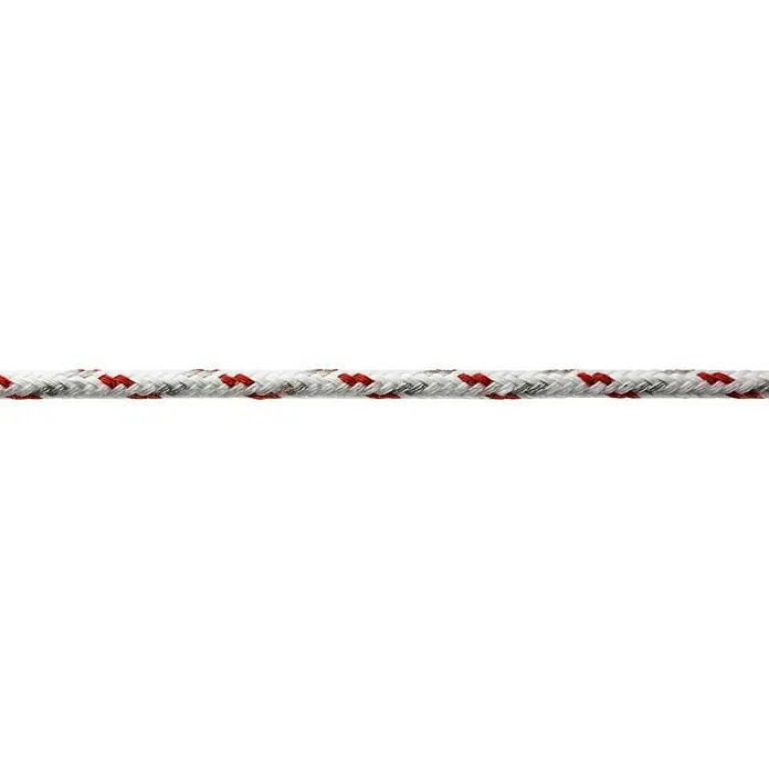 Robline Cabo a metros Neptun 500 - Diámetro: 6 mm, Poliéster, Blanco/Negro/Gris - Primer plano de una cuerda trenzada resistente con un patrón blanco, rojo y gris, ideal para diversas aplicaciones.