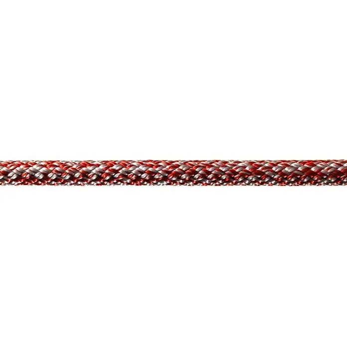 Robline Cuerda multiusos por metros Sirius 500 - Diámetro: 8 mm, Poliéster, Azul marino / Plata - Primer plano de una cuerda trenzada roja y blanca resistente. Ideal para montañismo y aplicaciones seguras al aire libre.