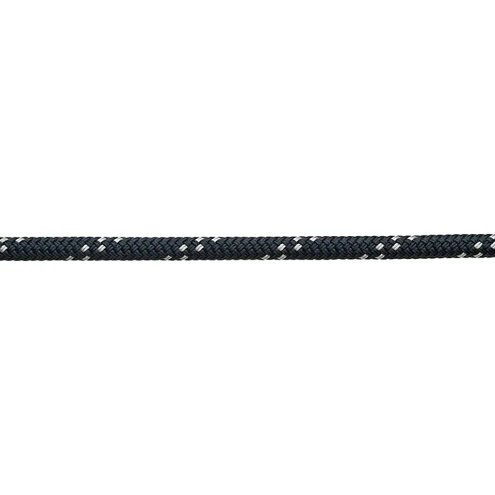 Robline Cabo a metros Globe 5000 MK2 - Diámetro: 8 mm, Poliéster, Azul marino / Plata - Primer plano de una cuerda trenzada con un patrón de fibras oscuras y claras, sobre un fondo negro.