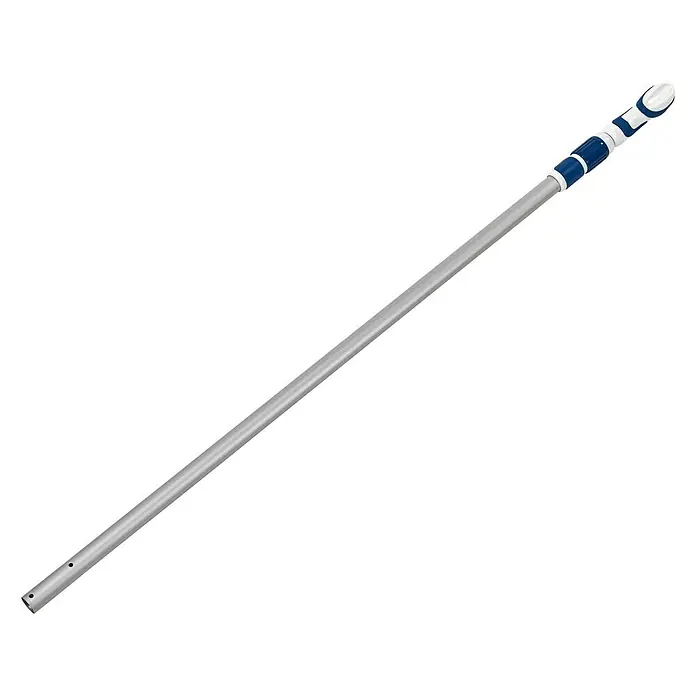 Malibu Teleskopstab - 480 cm, Aluminium - Die Abbildung zeigt eine ausziehbare Teleskopstange mit blau-weißen Griffen. Ideal für Reinigungsarbeiten oder Poolwartung, leicht und robust.