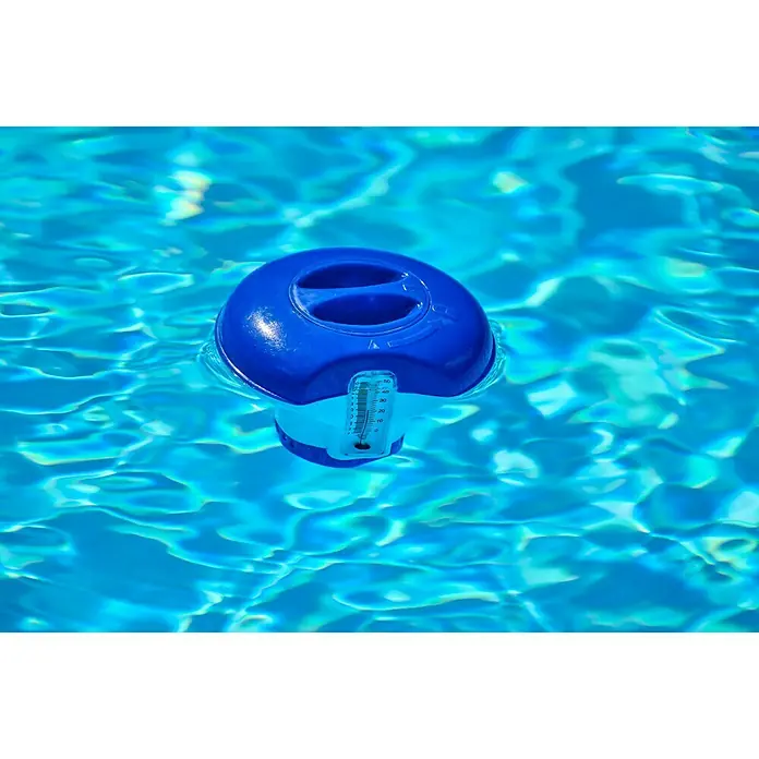 Malibu Schwimmdosierer - Blau - Dieses Bild zeigt einen Poolthermometer, der auf dem blauen Wasser eines Pools schwimmt und die Wassertemperatur misst.