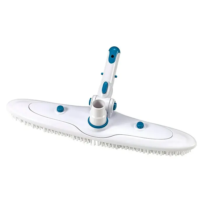 Malibu Poolsauger White - Manuell, Durchmesser Anschluss: 32 mm - Das Bild zeigt einen Poolbürstenkopf in Weiß mit blauen Akzenten. Das Reinigungsgerät ist für die Pflege und Reinigung von Schwimmbädern konzipiert.