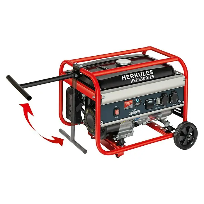 Herkules Stromerzeuger HSE 3500/E5 - Tankvolumen: 15 l, 3,1 kW - Der Herkules HSE 3500/ES Stromerzeuger mit robustem Rahmen, praktischem Griff und Rädern für einfachen Transport.