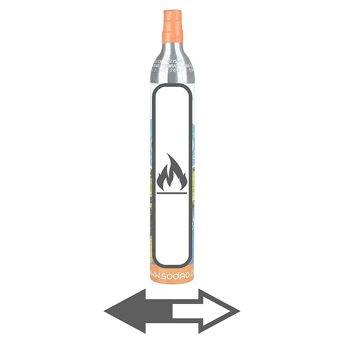 SodaO Kohlensäure-Füllung - Passend für: 425 g Kohlensäureflaschen - Eine Kartusche mit Brennstoff, dargestellt mit einem Flammensymbol und Richtungspfeilen, die die Energiequelle betonen.