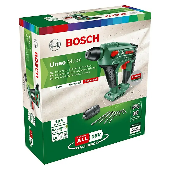 Bosch Power for All 18V Akku-Bohrhammer Uneo Maxx - 18 V, Ohne Akku, 0,6 J - Die Bosch Uneo Maxx Schlagbohrmaschine in ihrer Produktverpackung. Ideal zum Hämmern, Bohren und Schrauben.
