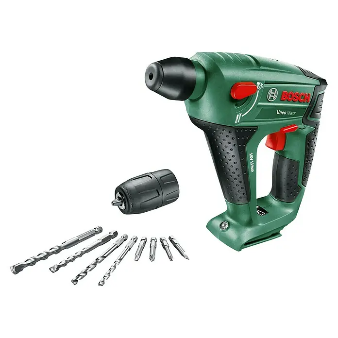 Bosch Power for All 18V Akku-Bohrhammer Uneo Maxx - 18 V, Ohne Akku, 0,6 J - Das Bild zeigt eine grüne Bosch Uneo Maxx Akku-Bohrmaschine mit verschiedenen Bohraufsätzen. Ideal für Heimwerkerprojekte.
