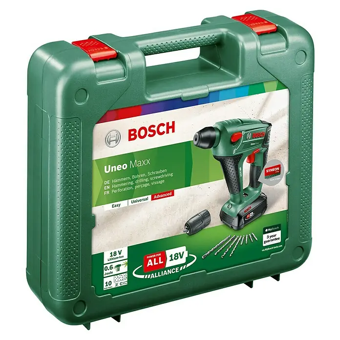 Bosch Power for All 18V Akku-Bohrhammer Uneo Maxx - 18 V, 1 Akku, 0,6 J - Bild einer Bosch Uneo Maxx Bohrmaschine im Koffer, ideal zum Hämmern, Bohren und Schrauben. Leistungsstark mit 18V Akku.