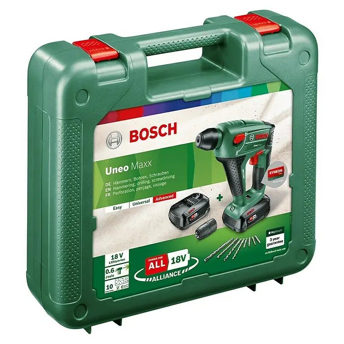 Bosch Power for All 18V Akku-Bohrhammer Uneo Maxx - 18 V, 2 Akkus, 0,6 J - Das Bild zeigt einen grünen Bosch Uneo Maxx Akku-Bohrhammer im Koffer mit Zubehör.