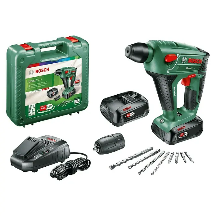 Bosch Power for All 18V Akku-Bohrhammer Uneo Maxx - 18 V, 2 Akkus, 0,6 J - Das Bild zeigt ein Bosch Uneo Maxx Akku-Bohrhammer-Set mit Zubehör, inklusive Akkus, Ladegerät, Bohrer und einem praktischen Tragekoffer.
