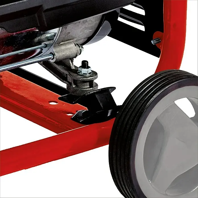 Einhell Stromerzeuger TC-PG 35/E5 - Tankvolumen: 15 l - Nahaufnahme eines rot gerahmten Generators mit Rad, der für Stabilität und einfachen Transport auf Baustellen oder im Freien sorgt.
