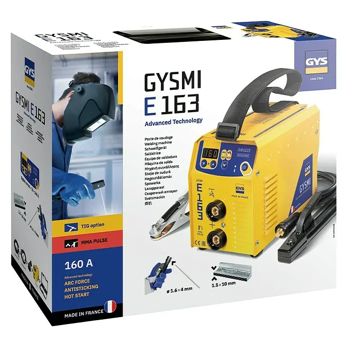Gys Kombi-Schweißgerät GYSMI E163 - Schweißstrom: 10 A - 160 A - Abbildung der GYSMI E 163 Schweißmaschine mit fortschrittlicher Technologie, ARC Force, Hot Start und Antisticking Funktion.