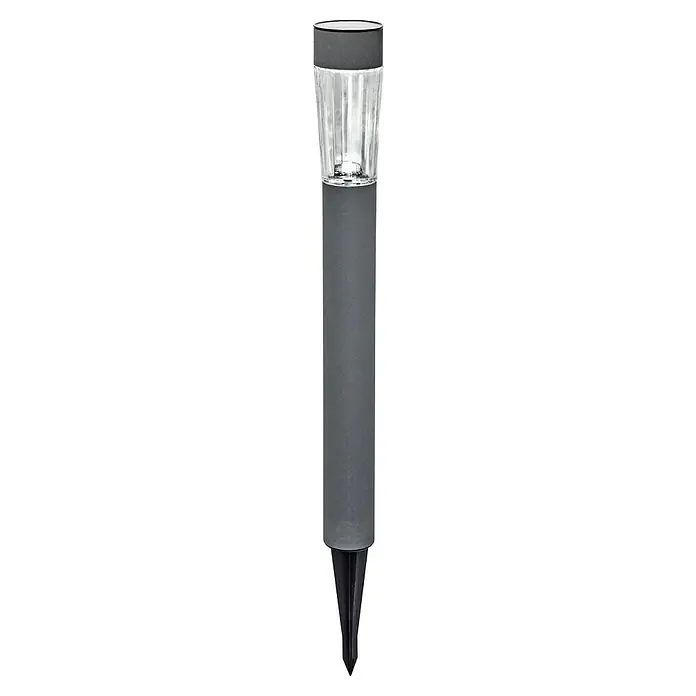 BAUHAUS Solarleuchten-Set Premium - Grau, 10 lm - Nahaufnahme einer grauen Solarleuchte für den Garten mit klarem Lampenschirm und Erdspieß, ideal für die Wegbeleuchtung.