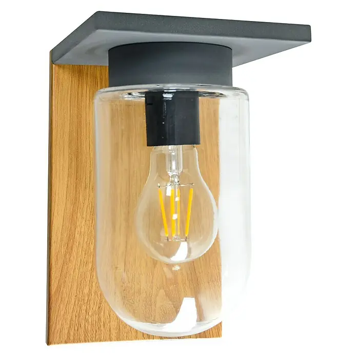 Starlux Außenwandleuchte Elua - 40 W, 19 x 14 x 23 cm, Holz, Grau, IP44 - Moderne Wandleuchte mit klarem Glas, Holzbefestigung und grauen Akzenten. Das Design betont eine dekorative Glühbirne.