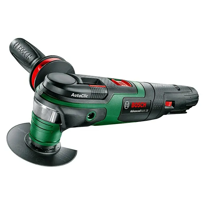 Bosch Power for All 18V Multiherramienta de batería Advanced Multi 18 - 18 V, Sin batería - Imagen de una multiherramienta inalámbrica Bosch AdvancedMulti 18 con accesorios, ideal para trabajos de renovación y ampliación.