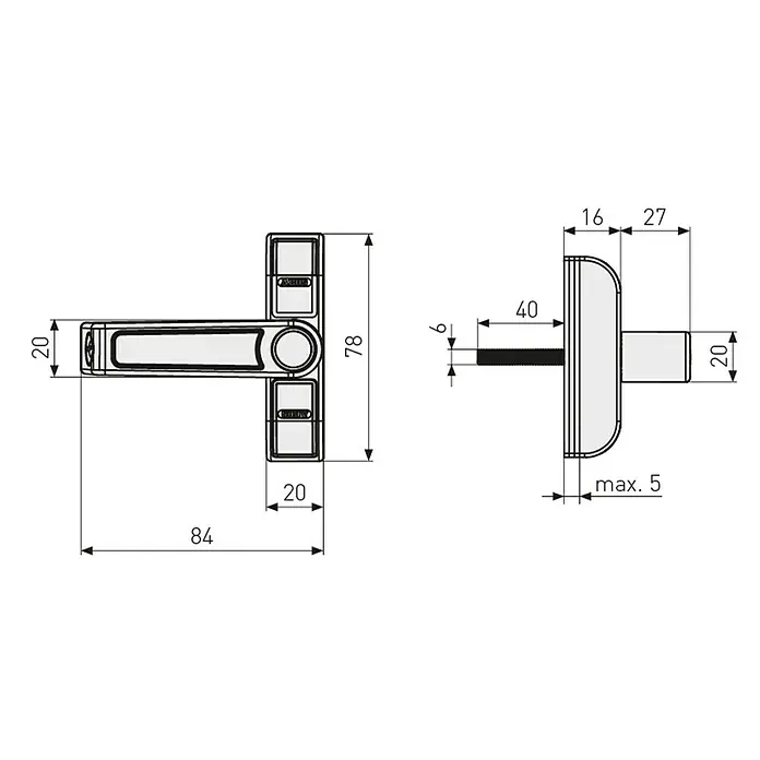 Abus Fenster-Zusatzschloss 2410 - Geeignet für: Nach innen öffnende, einflügelige Fenster - Technische Zeichnung eines ABUS-Fenstergriffs mit verschiedenen Maßangaben. Ideal zur Planung und Installation.