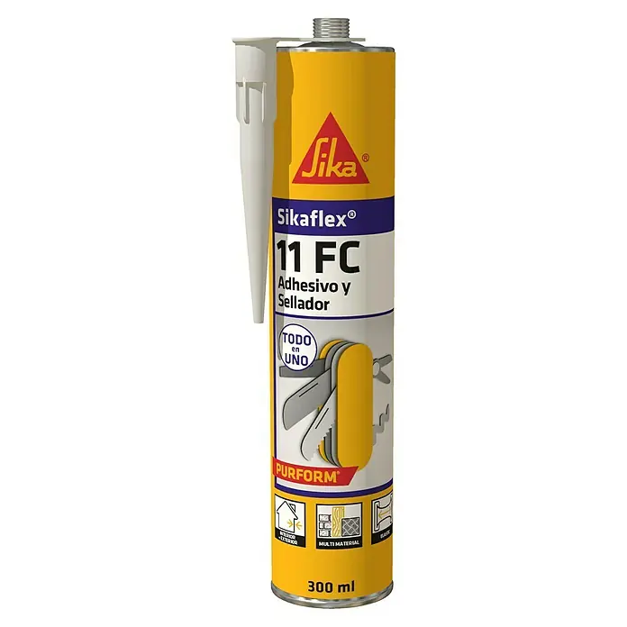 Sika Adhesivo y sellador Sikaflex-11 FC Purform - Marrón, 300 ml - Producto adhesivo y sellador amarillo SikaFlex 11 FC con aplicador blanco, adecuado para diversos materiales y aplicaciones.
