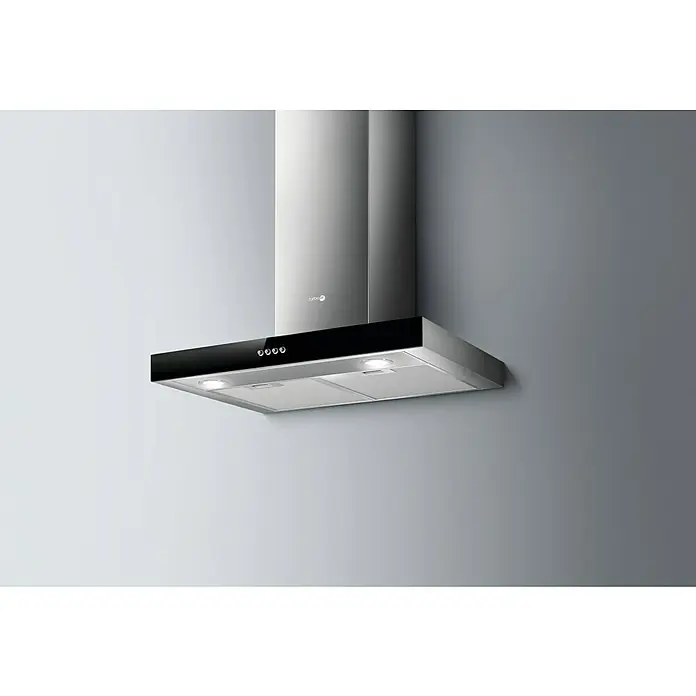 Turboair Campana de pared Norma - Ancho: 60 cm, Máx. Potencia del ventilador en modo extracción: 581 m³/h, Negro/Acero inoxidable - Campana extractora de acero inoxidable con borde negro e iluminación para la cocina.\n