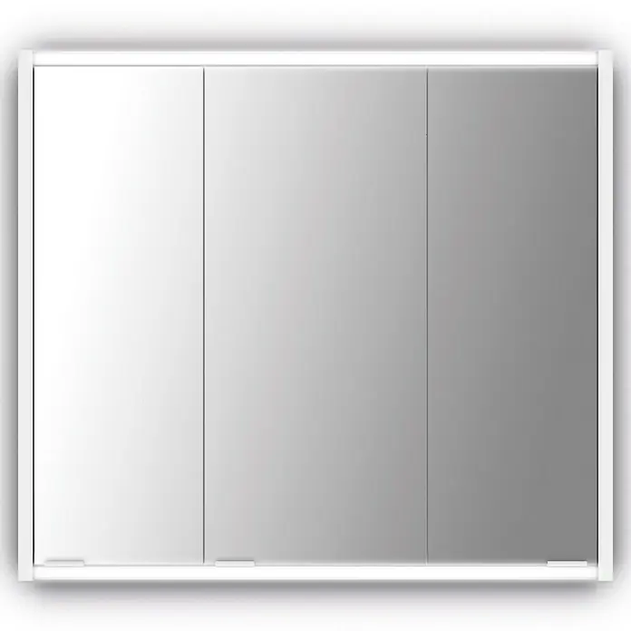 Jokey LED-Spiegelschrank Batu - B x H: 80 x 70,8 cm, Holz, Weiß - Aufnahme eines dreitürigen Spiegelschranks mit LED-Beleuchtung und weißem Rahmen, der sich ideal für jedes Badezimmer eignet.