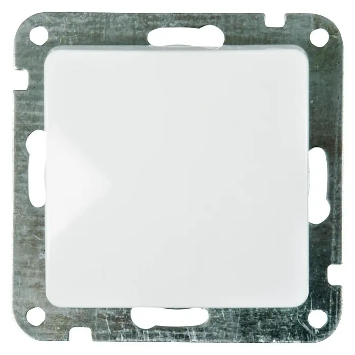 Voltomat VEGA Taster - Ultraweiß, 10 A - Nahaufnahme einer quadratischen Unterputz-Schalterdose aus Metall mit einer weißen Kunststoffabdeckung.