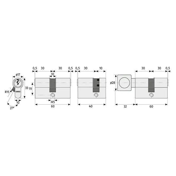 Abus Profilzylinder E30NP Gleichschließend - Baulänge innen: 35 mm, Baulänge außen: 45 mm, Anzahl Schlüssel: 5 Stk. - Technische Zeichnung eines ABUS Türzylinders mit genauen Abmessungen und Details für Installation und Produktspezifikationen.