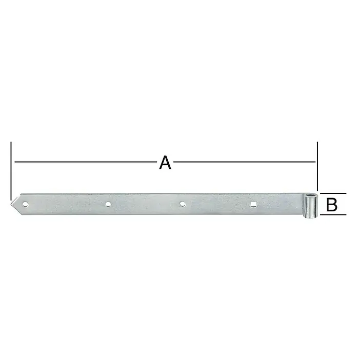 Stabilit Bisagra - An x Al: 700 x 45 mm, Acero, Diámetro interior del rodillo: 16 mm - Cinta metálica con dos extremos, uno con un ojal y el otro con una punta, para la fijación.