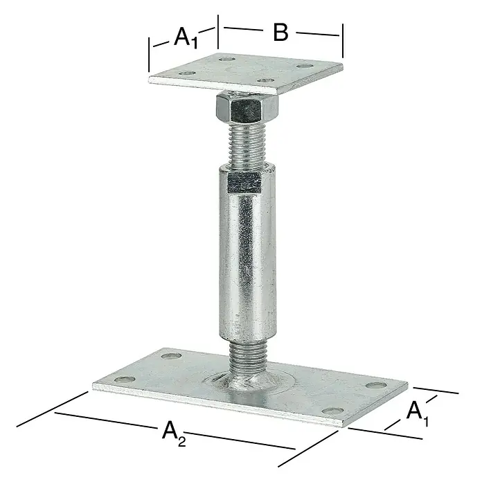 Vormann Stützenschuh - L x B x H: 150 x 80 x 60 mm, Stahl - Produktansicht einer höhenverstellbaren Stütze mit Metallplatten, ideal für Bauprojekte und Renovierungen.