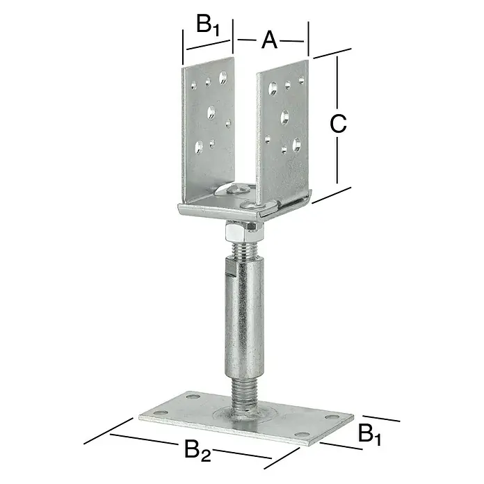 Vormann Verstellbarer Stützenschuh - L x B x H: 150 x 140 x 115 mm, Stahl - Produktansicht eines verstellbaren Pfostenträgers mit den Maßen A, B1, B2 und C zur Befestigung von Holzkonstruktionen.