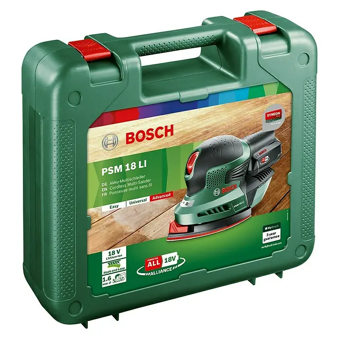 Bosch Power for All 18V Lijadora delta de batería PSM 18 Li - 18 V, Iones de litio, Sin batería, 22.000 r.p.m. - Multilijadora sin cable Bosch PSM 18 LI en su estuche. Perfecta para trabajos de lijado en el hogar y el jardín. Inalámbrica y versátil.