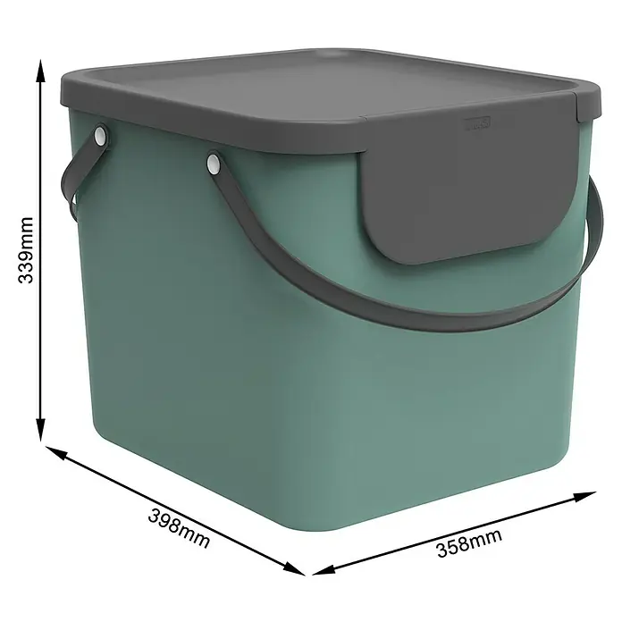 Rotho Albula Mülltrennsystem - 40 l, Kunststoff, Mistletoe Grün - Ein grüner Eimer mit grauem Deckel und Griff, der die Maße 339mm Höhe, 398mm Länge und 358mm Breite zeigt.