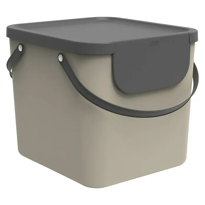 Rotho Albula Mülltrennsystem - 40 l, Kunststoff, Cappuccino - Ein quadratischer, sandfarbener Bio-Abfalleimer mit grauem Deckel und Griff. Praktische Lösung für die Küchenabfallentsorgung.