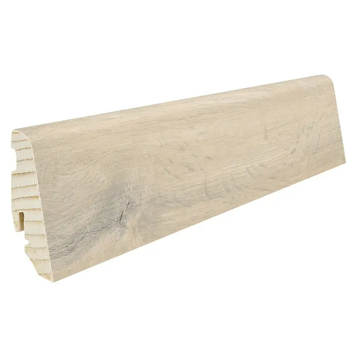 Living by Haro Sockelleiste Eiche Como - 220 cm x 19 mm x 58 mm - Profilleiste aus hellem Holz. Die Sockelleiste hat eine abgerundete Kante und eine Nut für eine einfache Installation.