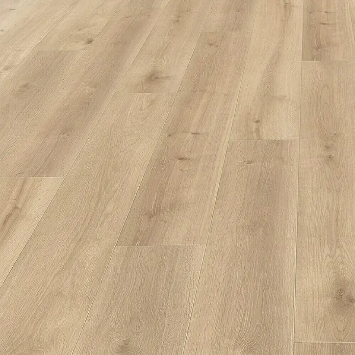 Living by Haro Laminatmuster Eiche Milton - 290 x 193 x 7 mm, Landhausdiele - Nahaufnahme eines hellen Holzlaminatbodens, der die natürliche Maserung und die warmen Farbtöne des Materials hervorhebt.