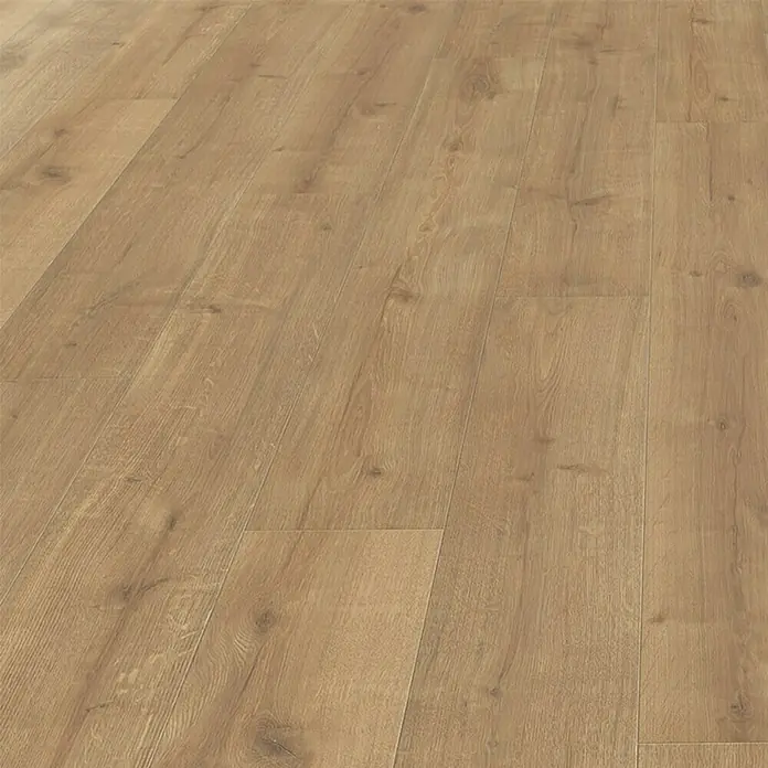 Living by Haro Laminatmuster Eiche Montreal - 290 x 193 x 7 mm, Landhausdiele - Detailaufnahme eines hellbraunen Laminatbodens mit Holzmaserung, ideal für moderne Wohnräume.