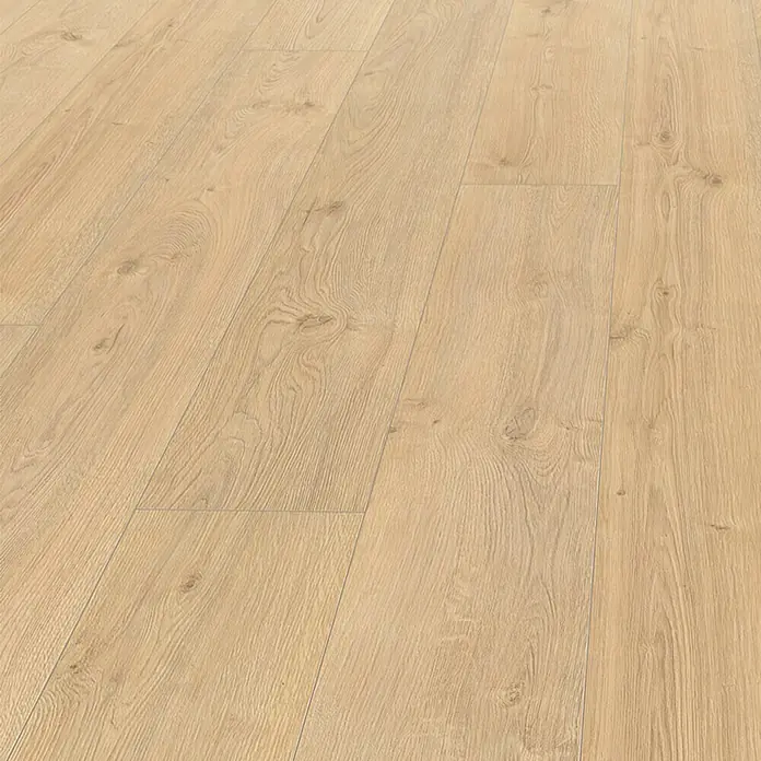 Living by Haro Laminatmuster Gigante Eiche Calgary Creme - 200 x 243 x 8 mm, Landhausdiele - Nahaufnahme von hellem Laminatboden, der die Holzstruktur und Maserung des Materials hervorhebt.