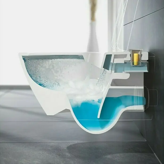 Villeroy & Boch Subway 2.0 Wand-WC ViFresh - Spülrandlos, Ohne Beschichtung, Spülform: Tief, WC Abgang: Waagerecht, Weiß - Querschnitt einer modernen Toilette, der das Spülsystem und den Wasserfluss zeigt. Der Fokus liegt auf der innovativen Spültechnologie.