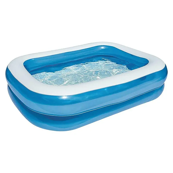 Bestway Family Pool - L x B x H: 262 x 175 x 51 cm, 778 l, Blau/Weiß - Aufblasbarer rechteckiger Pool mit blauem und weißem Design, gefüllt mit klarem Wasser, ideal für sommerlichen Badespaß im Garten.